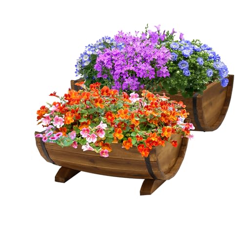 IDZO Solid Acacia Wood Half Barrel Planters Outdoor Set of 2 Different Sizes, Wooden Planters for Outdoor Plants with Metal Bands & Drainage Holes, Legs Included, Brown