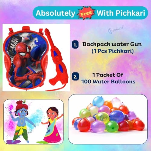 Image of GRAPHENE 3.4L Holi Pichkari Water Gun with 100 Balloons High Pressure Backpack Red Water Tank Pichkari Powerful Water Spray Pistol Gun for Kids Boys & Girls Summer Pool Party Water Pistol