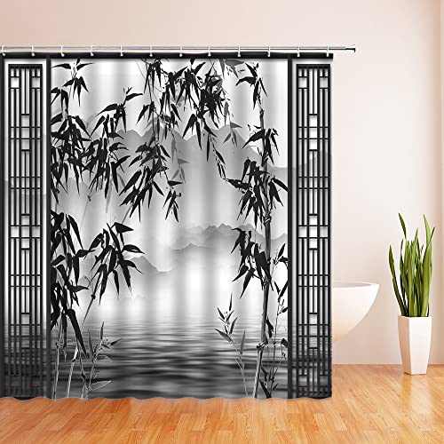 Asian Bamboo Shower Curtain Japanese Mountain Water Vintage Bamboo Leaf Plant Spa Chinese Oriental Nature Scenery Ink Painting Art Black Grey Sketch Classical Decor Fabric Bathroom Curtain With Hook #TOP1