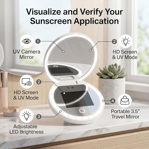 Specchio compatto da viaggio con fotocamera UV, ingrandimento 2x, specchio UV portatile con luci che controllano la protezione solare facciale specchio per il trucco LED, specchio da viaggio
