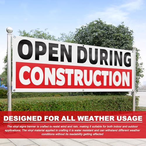 Fanfanwin 2 Pcs 18 x 48 Inch Open During Construction Vinyl Banner Sign for Business Industrial Yard Sign with Metal Grommets Heavy Duty Weatherproof Now Open Banner Shopping Building Outdoor Indoor