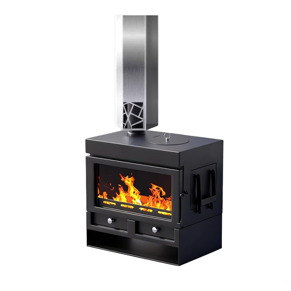 Stufa a Legna 8kW, Rendimento 85% per 120 m³, RRØ 100mm,Stahlofen mit Verglasung,Rivestimento Refrattario,für Jede Wohnung & Zuhause