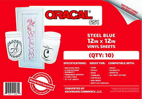 (10 Sheets) Oracal 651 Steel Blue Adhesive Craft Vinyl For Cricut, Silhouette, Cameo, Craft Cutters, Printers, And Decals - 12" X 12" - Gloss Finish - Outdoor And Permanent #TOP1