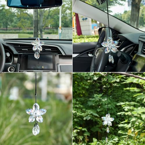 Image of Crystal Flower Car Rear View Mirror Hanging Ornament - Sparkles with Rainbows for a Sense of Luck and Happiness Car Interior Accessories (Charming Green)