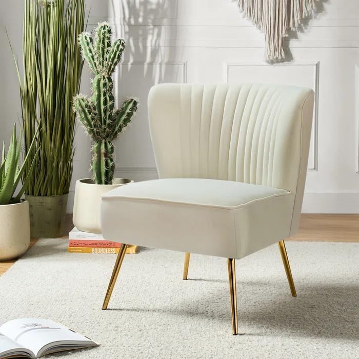 The Hm Handicrafts - Modern Upholstered Accent Velvet Chair Single Seater Channel Tufted Wing Back Chair with Golden Matel Legs for Living Room, Bedroom, Dining Room, Ivory-image-15