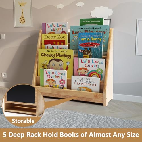 Image of Nuoex Montessori Bookshelf for Toddler 1-5 Years, Kids Wooden 5-Tier Front Facing Book Display Shelf with Chalkboard for Bedroom,Playroom,Classroom,Book Rack Organizer, Natural