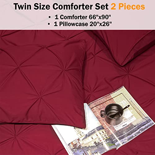 Andency Burgundy Comforter Set Twin(66X90Inch), 2 Pieces(1 Pinch Pleat Comforter And 1 Pillowcase) Pintuck Comforter Set, Soft Lightweight Microfiber Down Alternative Bedding Comforter Set #TOP4