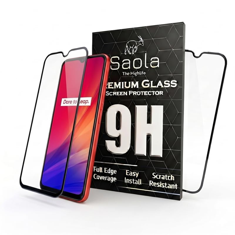 Image of Saola HD+ Oleophobic Tempered Glass Screen Protector For Realme C3 (Pack Of 2) with Free Installation Kit. Full screen Coverage - 6.5 inch