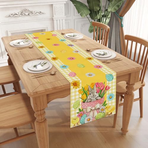 Linen-Yellow-and-White-Buffalo-Check-Plaid-Easter-Table-Runner-72-Inches-Long-Easter-Egg-Bunny-Chick-Daisy-Tulip-Floral-Table-Decor-Spring-Summer-Easter-Home-Kitchen-Dining-Room-Table-Decorations Linen Yellow and White Buffalo Check Plaid Easter Table Runner 72 Inches Long Easter Egg Bunny Chick Daisy Tulip Floral Table Decor Spring Summer Easter Home Kitchen Dining Room Table Decorations