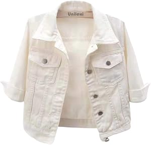 Unilexi Women's 3/4 Sleeve Colored Cropped Denim Jacket Light Wash Short Jean Jacket Trucker Coat