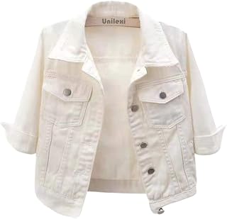 Women's 3/4 Sleeve Colored Cropped Denim Jacket Light Wash Short Jean Ja...