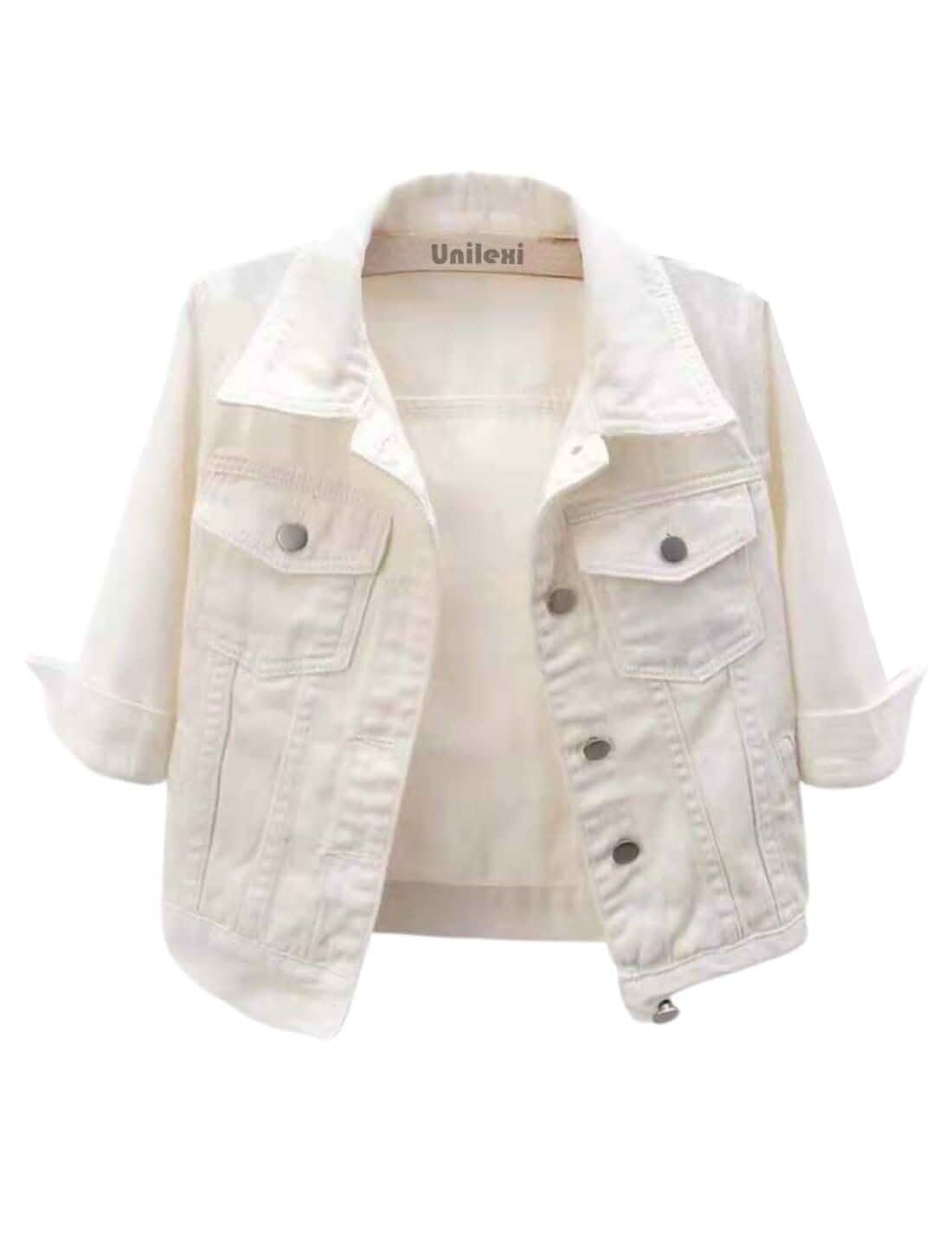 Unilexi Women's 3/4 Sleeve Colored Cropped Denim Jacket Light Wash Short Jean Jacket Trucker Coat