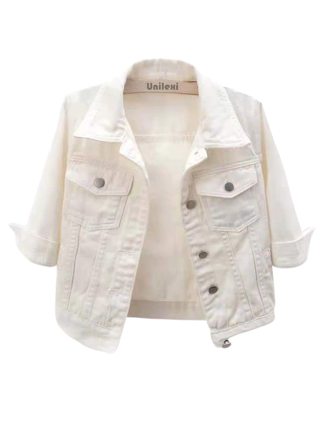Photo 1 of Unilexi Women's 3/4 Sleeve Colored Cropped Denim Jacket Light Wash Short Jean Jacket Trucker Coat(0096-White-XL)