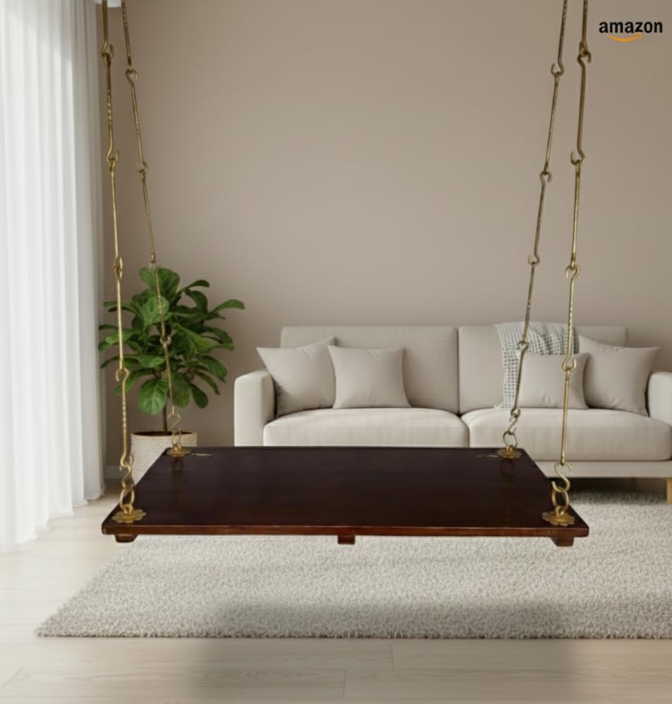 Plank Wooden Swing Indoor Outdoor Teak Wood (4x2 Feet) Simple Brass Coated Accessories-image-5