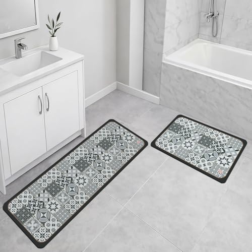 Image of Luxe Home Kitchen Mat Combo Geometric Design Standing Desk Floor Mat Non Slip Kitchen Rugs, Comfort Runner Floor for Home Office, Sink & Laundry - Grey (116x36 & 58x36 cm PC-2)