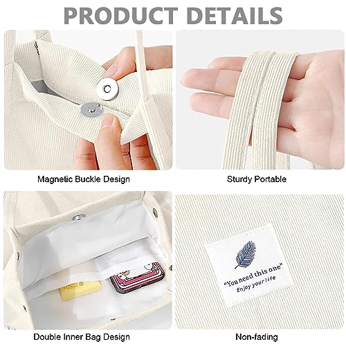 Image of PALAY Tote Handbags for Women Girls Stylish Large Capacity Canvas Corduroy Shoulder Bag With Inner Pocket Grocery Bag Tote Bags for Office, College School Work Shopping Travel Daily Use - White