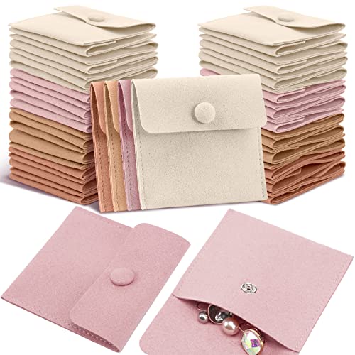 Bonuci Microfiber Jewelry Pouch 8x8cm, Jewelry Packaging Bag Luxury Small Gift Bags Package Snap Button with Divider Microfiber Bag for Bracelet Necklace Packaging(Pink, Beige, Khaki, Brown,40 Pcs)