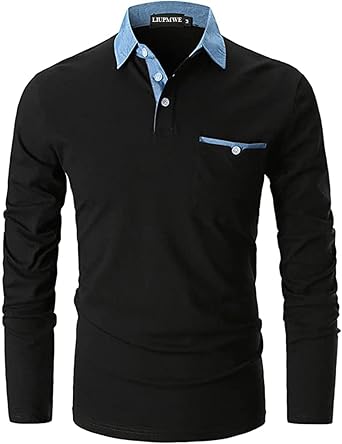 LIUPMWE Mens Casual Long Sleeve Polo Shirts with Pocket Cotton Denim Collar Golf Tops