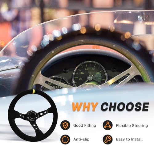 VOONKE 13.6\" Universal Suede Steering Wheel Deep Dish Racing Steering Wheel 6 Bolts with Horn Button for Race/Rally/Motorsport/Car Sim Driving,Yellow Positioning Line