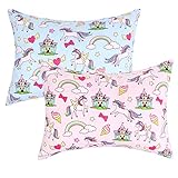 IBraFashion Toddler Pillowcases for Girls 14x19 for 13x18, 12x16 Pillow 100% Cotton Unicorns and Castles 2 Packs (Blue and Pink)