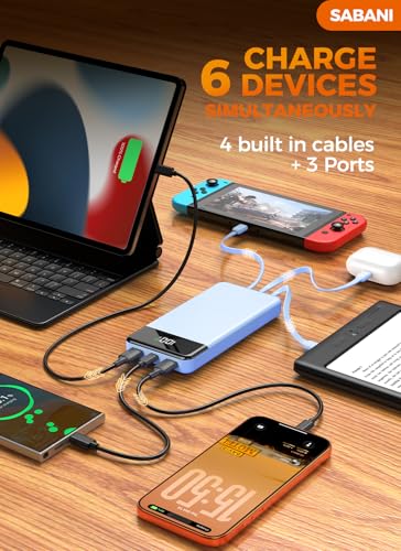 Image of Portable Charger 35000mAh Power Bank - Powerbank with 4 Built in Cables, 22.5W Fast Charging Travel Camping Essential Battery Pack Compatible with iPhone 17 16 15 14 13 Samsung Google, 1 Pack, Azure