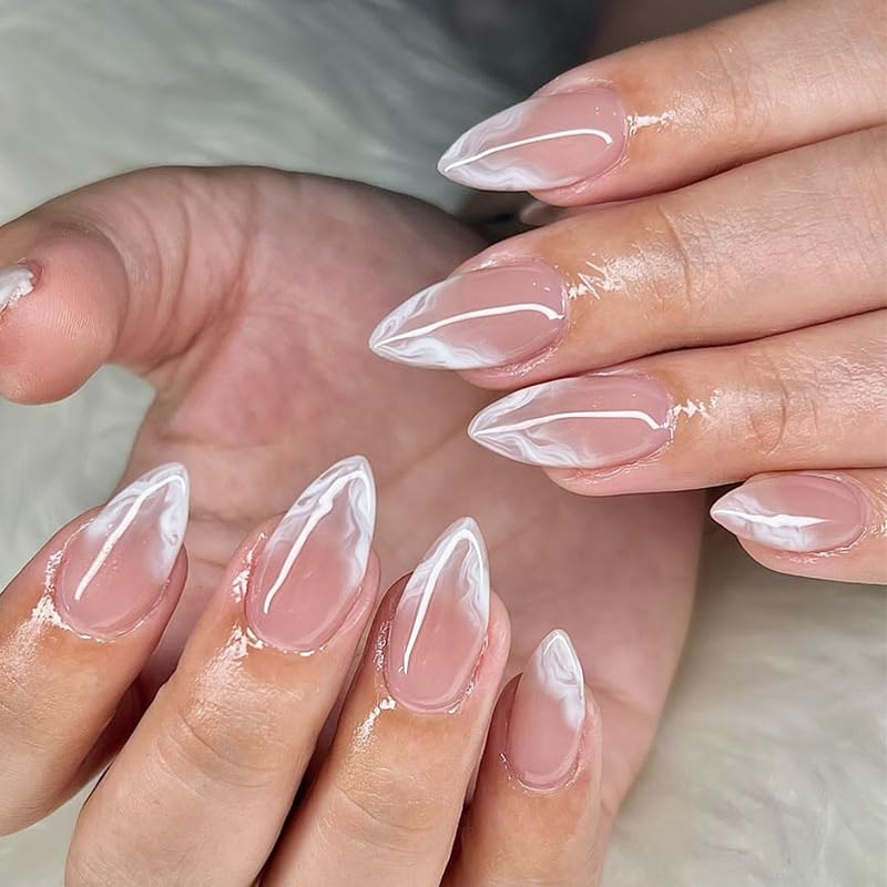 Almond Press on Nails Medium Nude Ombre Fake Nails, White Marble Glue on Nails Glossy Acrylic Nails Gradation Stick on Nails Gel Set, White Nail Tip