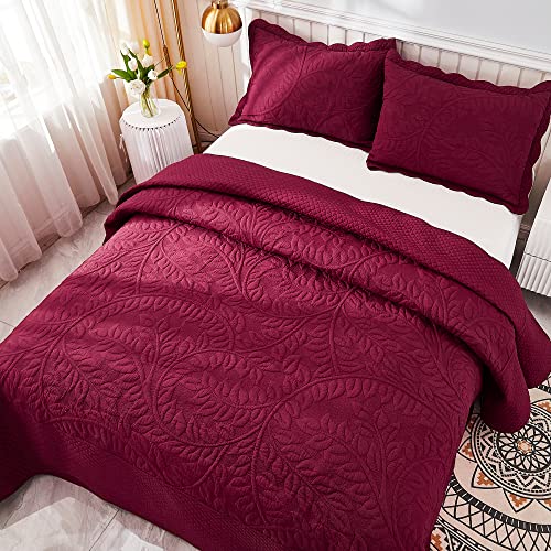 MarCielo 3-Piece 100% Cotton Oversized Bedspread Lightweight Quilt Coverlet Embroidery Farmhouse Bedding Set T0 (Wine Burgundy, Oversized King (118"x106"))