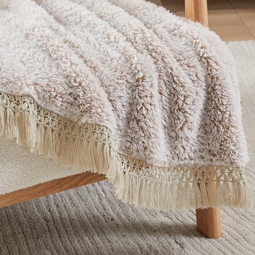 Image of EMME Soft Sherpa Fleece Blanket with Tassel, Reversible Plush Fluffy Large Blanket, Light Weight Warm Decorative Boho Blanket Cover for Sofa, Couch, Bedroom,Travel(Tassel Khaki,50 inchx60 inch)