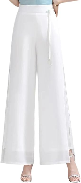Womens Double Layer Chiffon Pants - Elastic Waist Slim Trousers with Slit Droop, Comfortable Spring Summer Wear