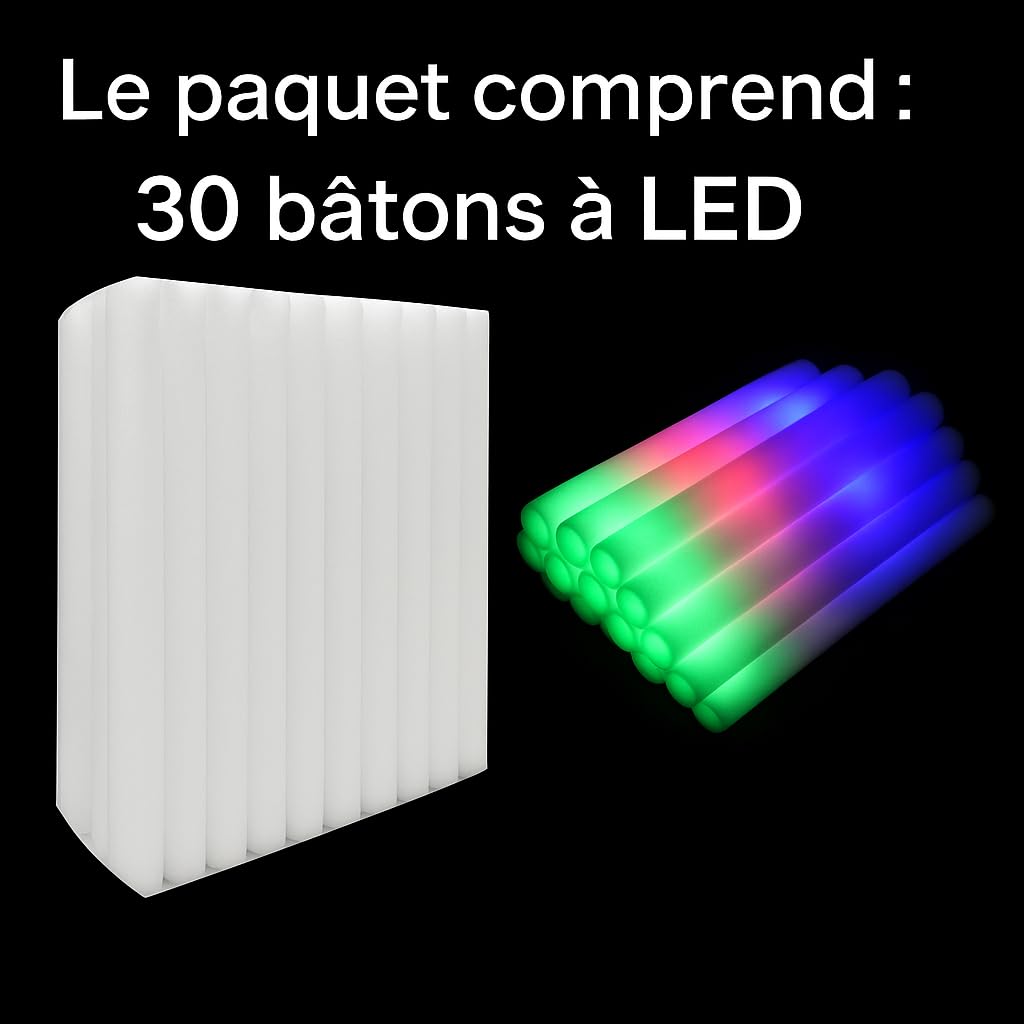 zenda club® LED Leuchtstab aus Schaumstoff, weiß, 48 cm (30 Stück) – 3 Blinkmodi – Glow Stick LED für Party, Konzert, Hochzeit, Geburtstag – lange Akkulaufzeit 8 Stunden