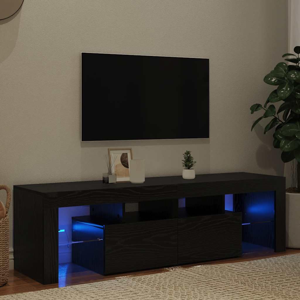 Szafka pod telewizor z diodami LED, kolor czarny, imitacja dębu, wielofunkcyjny stojak pod telewizor, kredens do salonu, gabinetu, 140 x 36,5 x 40 cm