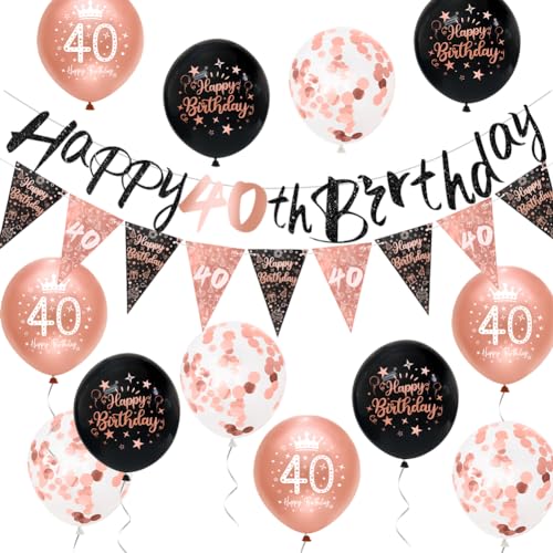 Women 40th Birthday Decorations Black Rose Gold 40th Birthday Party Decorations Banner Bunting Kit Women by Sheinly