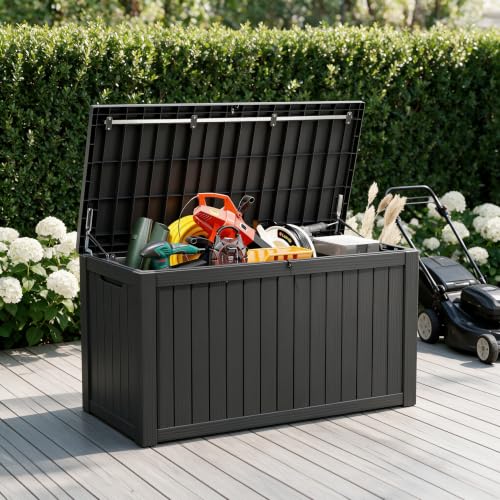 Image of 180 Gal Deck Box, Outdoor Storage Box Waterproof Lockable, Gas Lift,Black | Large sturdy grey resin deck box, double wall panels, waterproof backyard storage for package delivery, garden hoses tools
