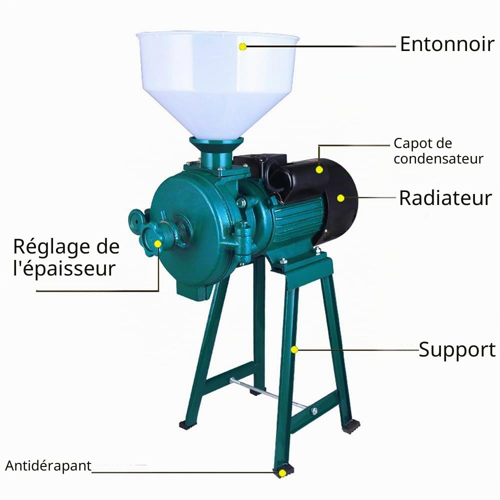Moulin électrique pour céréales avec moteur puissant de 2200 watts, 50-75 kg/h finesse minimale des particules 0,3 mm, concasseur à céréales avec entonnoir moulin (vert herbe)