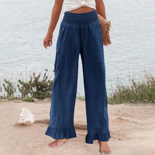 Image of Women Linen Pants Dressy Casual Summer Boho Ruffle Hem Wide Leg Cropped Pants Smocked High Waisted Palazzo Pant