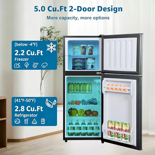 Image of 5.0 Cu. Ft Dorm Fridge for Apartment with Freezer, Small Refrigerator with 7-Level Adjustable Thermostat, Compact Mini Fridge for Kitchen, Dorm, Office, Black