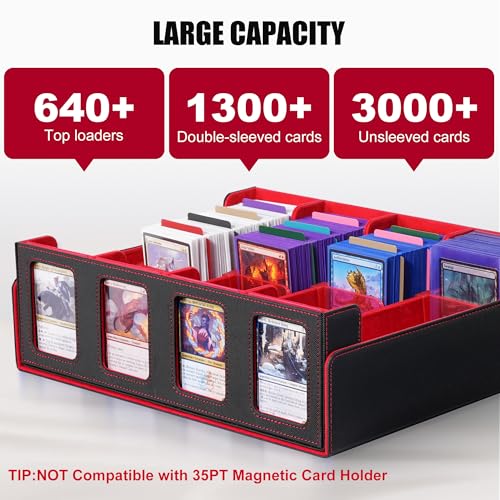 Image of Kabinka Trading Card Storage Box with Commander Display, 4-Row Deck Case with Removable Lid; 2400+ Card Deck Box for MTG TCG Sports Card, 4 Top Loaders, 4 Stoppers, 24 Dividers,1 Dice Bag (Black Red)
