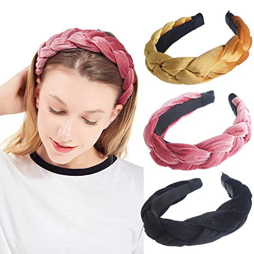 iloovee Diademas trenzadas de terciopelo para mujer, estilo vintage español, bandas anchas para el pelo, 3 piezas, accesorios para el cabello para mujeres y niñas
