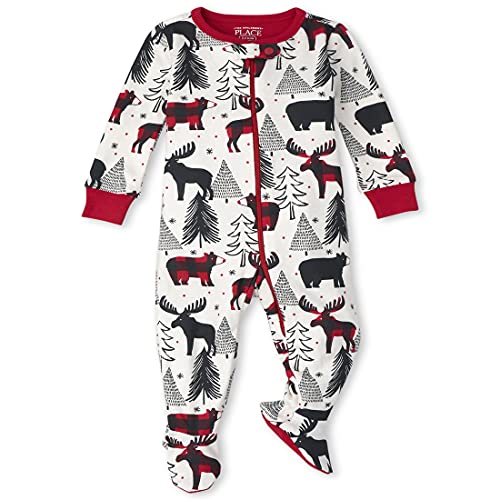 The Children's Place Baby and Toddler Holiday Snug Fit Cotton One Piece Zip Up Pajamas, Winter Bear, 3-6 Months