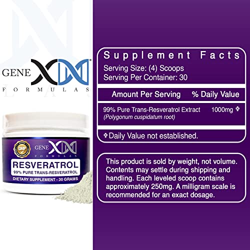 Genex 99% Micronized Trans-Resveratrol Powder - 1000Mg | Pure Organic Pharmaceutical Grade Trans-Resveratrol Powder For Healthy Aging, Gmp Certified, 30G Jar, 30-Day Supply #TOP2