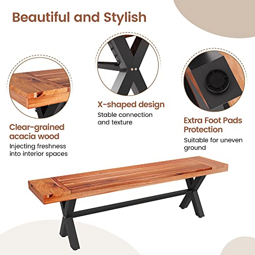 Stmhom Outdoor Wood Bench Wooden Feet, Backless Oil Finished Bench For Garden, Outdoor Acacia Wood And Rustic Metal Bench, Porch, Yard, Outdoor Dining Furniture, 62.99" D X 11.8" W X 18.1" H #TOP2