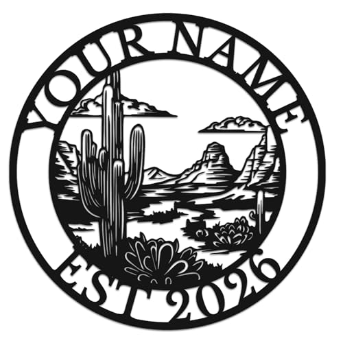 Personalized Cactus Garden Metal Wall Art, Custom Desert Name or Monogram Sign, Southwestern Patio Decor for Yard and Sunroom (Style-4)