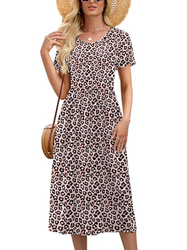 Image of Heymoments Women's Casual Short Sleeve Midi Dress Crewneck A Line Tiered Flowy Loose Travel Long Dresses with Pockets