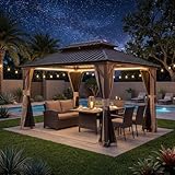 Domi 10' x 12' Hardtop Gazebo Permanent Metal Gazebo with Galvanized Steel Double Roof, Curtains and Netting for Party, Wedding, Outdoor Dining, Patio, Backyard, Brown