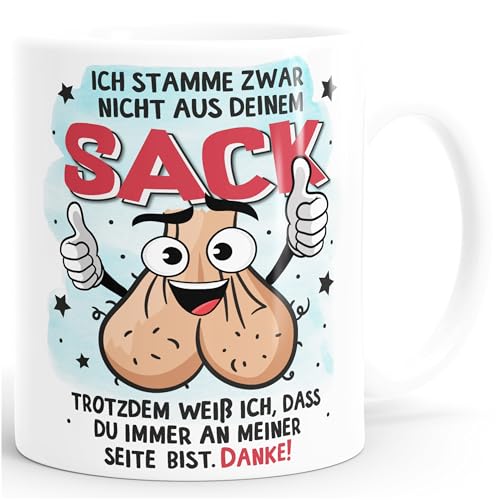 MoonWorks® Kaffee-Tasse Geschenk für Bonus-Papa zum Vatertag Spruch lustig Stiefvater Ich stamme zwar nicht aus deinem Sack Weiss standard