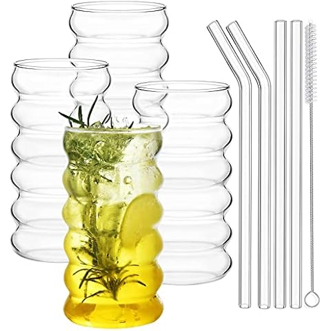 ALINK Ribbed Drinking Glass Cups with Straws Set of 4, 16 oz Aesthetic Iced Coffee Glasses, Wave Bubble Glasses Tumbler, Ripple Glassware, Beer Glasses for Coctail, Milk, Soda, Gift with Brush Cover