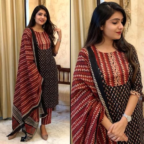 Image of Pinkmint Printed Round Neck Kurta & Pant with Dupatta Set ll Traditional Kurta Set