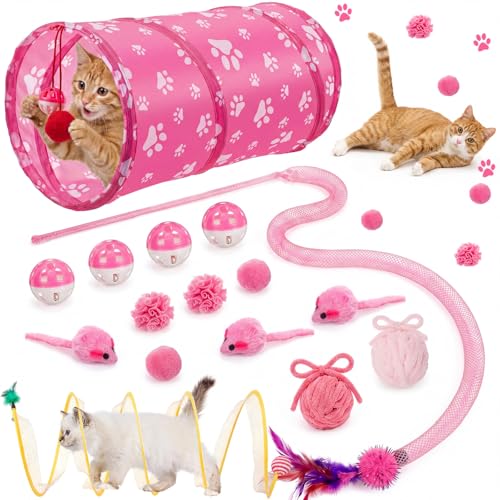 Leitee 40 Pcs Cat Toys Pack for Indoor Cats Kitten Variety Set with 2 Cat Tunnel Collapsible Cats Spring Tube Feather Teaser Wand Bell Mouse Fuzzy Ball for Interactive Gift(Pink)
