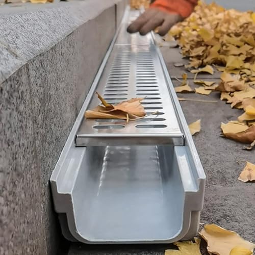 Canaletta di Drenaggio con Acciaio Inox Griglia, Canale di Scolo per Driveway in Calcestruzzo, Marciapiedi e Terrazze Strette, Kit Fossa di Drenaggio per Interni ed Esterni(W 11 x H 4 x L 60 CM)