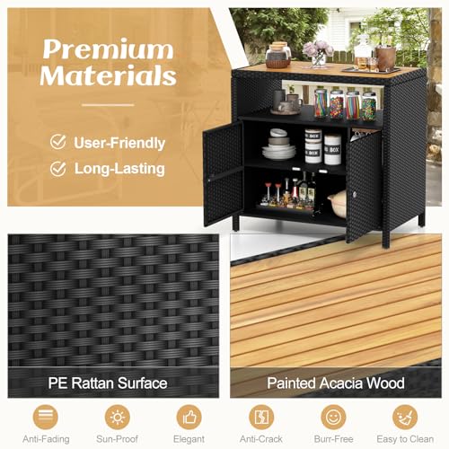 Image of Tangkula Rattan Outdoor Storage Cabinet, Patiojoy Outdoor Cabinet with Acacia Wood Countertop, Open Compartment, 2-Door Wicker Sideboard, Outdoor Bar for Patio Garden Backyard Poolside (Black)